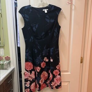 London Times Black and Pink Floral Midi Dress